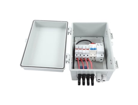 Caixa combinadora fotovoltaica de 4 fios IP67, 40KA, 4 entradas e 1 saída com disjuntor de 63A