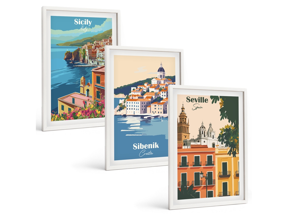 Composição De Quadros Paisagens Urbanas Com Prédios Moldura Branca Pinturas De Quarto Espelharte (3 Piezas De 40x60 Cm)
