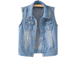 Colete cropped feminino sem mangas em jeans, com botões e bolsos, modelo 2026, casual para primavera, verão e outono, tamanho grande, jeans azul.