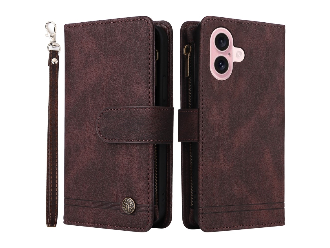 Capa Em Couro Pu, Para Iphone 16, Castanho
