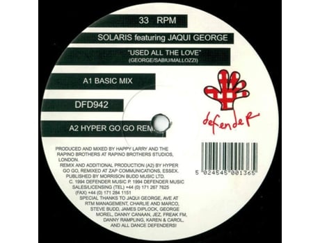 Used All The Love, Solaris Featuring Jacqui George | Media Condition Very Good Plus | 1 X Vinyl 12, 33 ? Rpm Defender Music (vg)