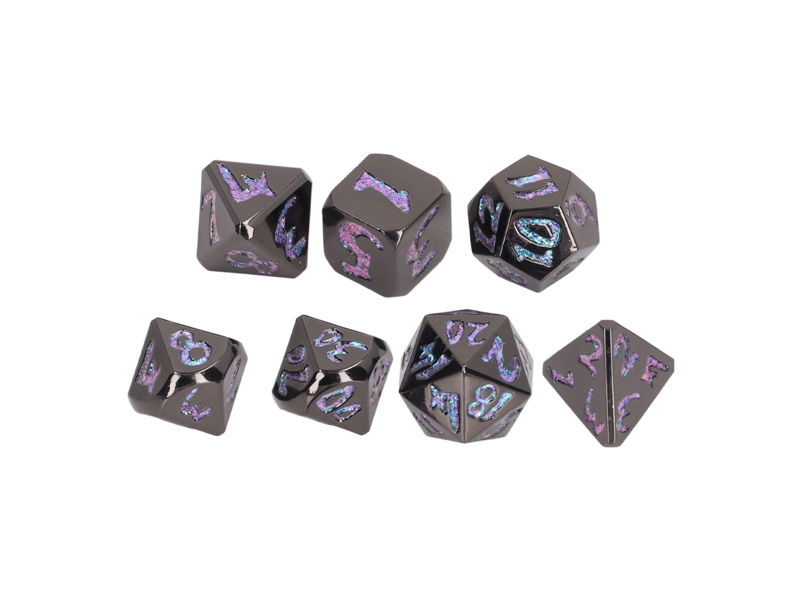 Conjunto Mali de 7 dados poliédricos de metal sólido para jogos de RPG e tabuleiro com números nítidos.