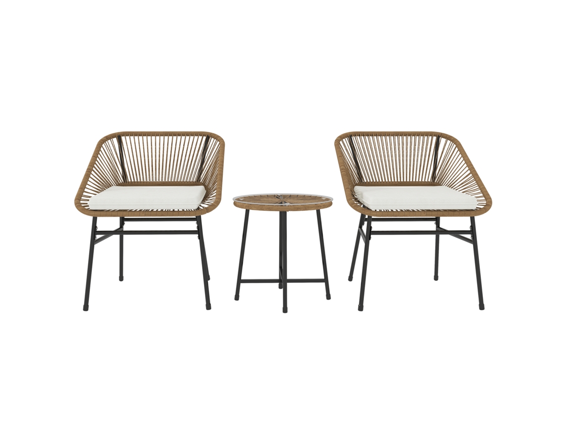 Conjunto Jardim 3 Peças Vime Pe Aço com Cadeiras, Almofadas e Mesa de Vidro