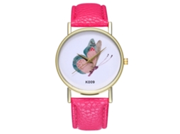 Reloj De Pulsera De Mujer De Cuero Con Mariposas Moda Rojo Rosa Cuarzo Analógico Redondo