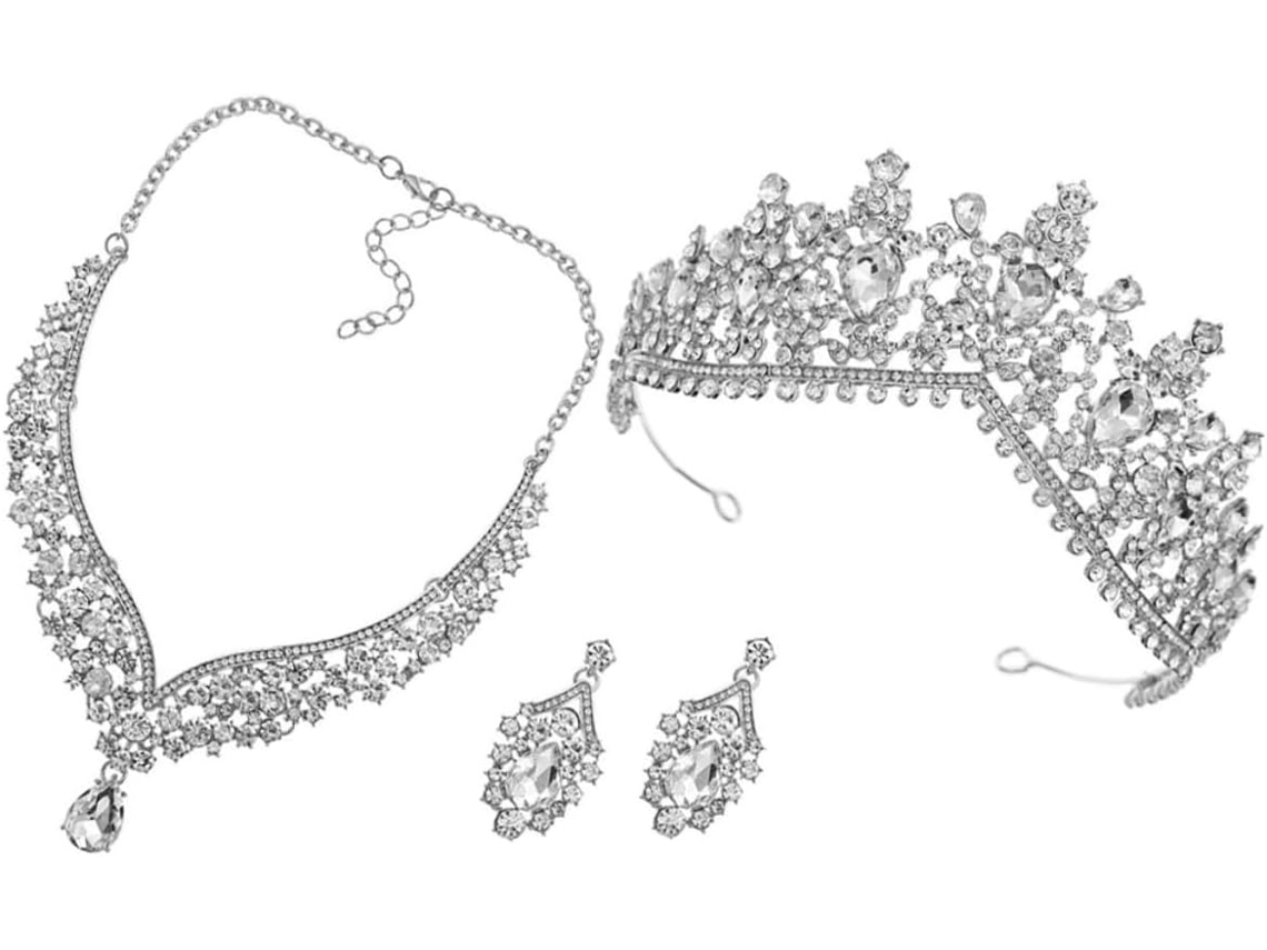 Conjunto De Joias Com Strass Para Mulheres: Brincos De Coroa E Colar Prateado.
