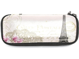 Porta-lápis grande com design retrô da Torre Eiffel e estampa floral rosa.