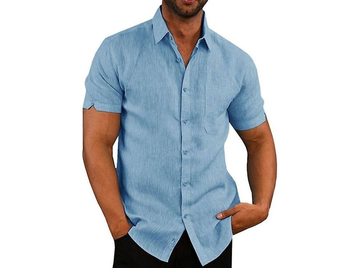 Camisa Casual Masculina De Algodão E Linho Listrada Manga Curta Para Primavera/verão Azul Claro
