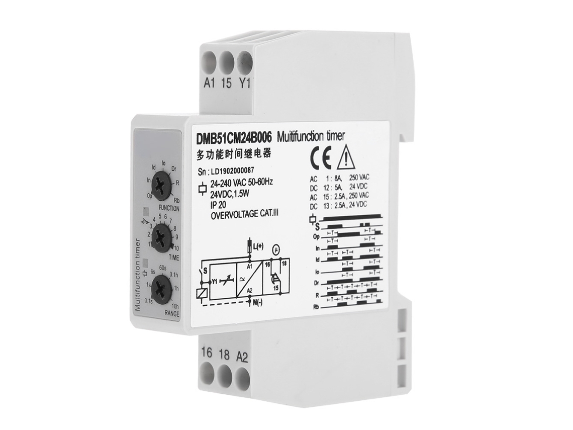 Relé de retardo de desligamento multivoltagem DC 24V e AC 24-240V com 7 funções