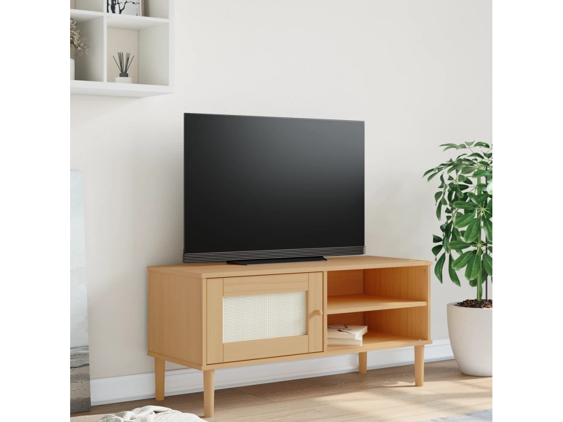 Vidaxl Móvel De Tv Senja Aspeto Vime 106x40x49cm Pinho Maciço Castanho