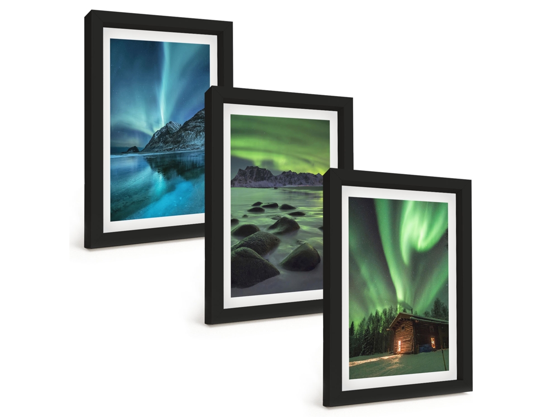 Conjunto De Pinturas Paisagens De Inverno, Aurora Boreal Montanhas Moldura Preta Quadros Para A Sala De Estar Espelharte (3 Peças 20x30 Cm)