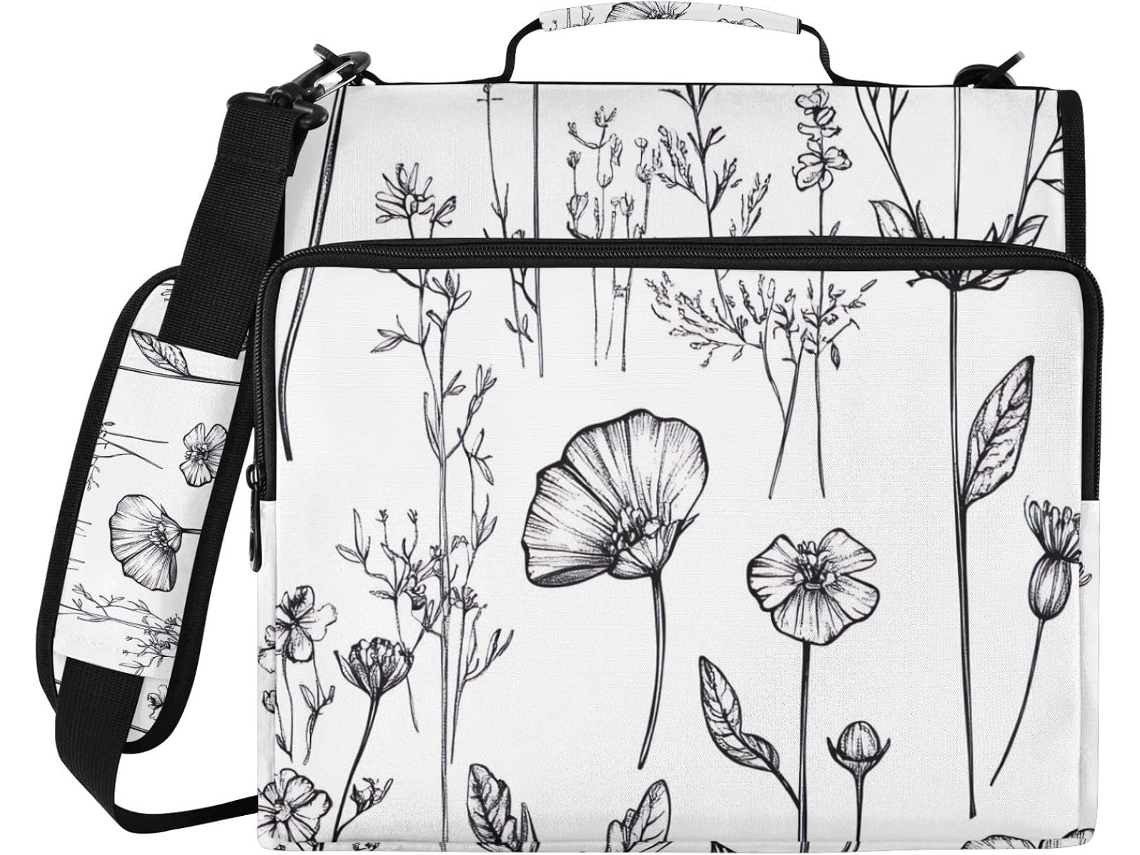 Bolsa Organizadora Clássica Preta E Branca Com Estampa Floral, Resistente À Água, Com Fecho De Zíper, Compartimento
