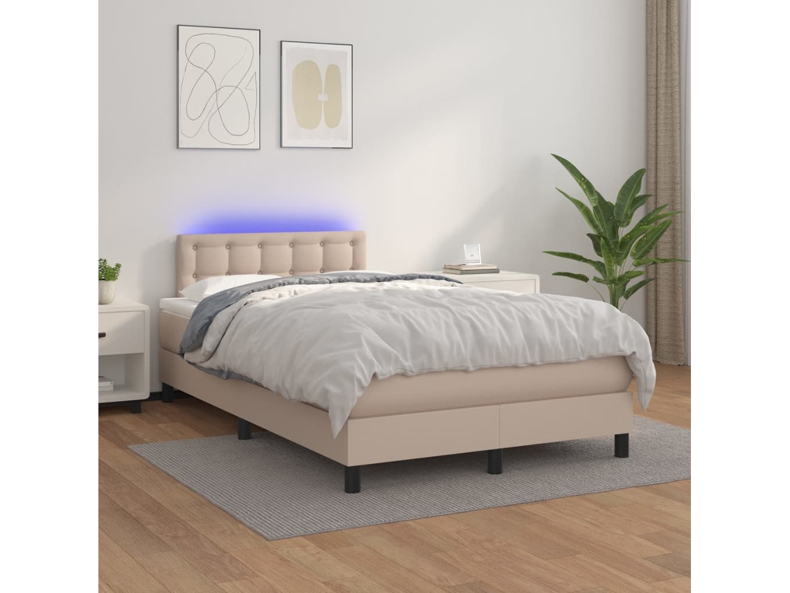 Vidaxl Cama Box Spring C/colchão/led 120x200cm Couro Artif. Cappuccino