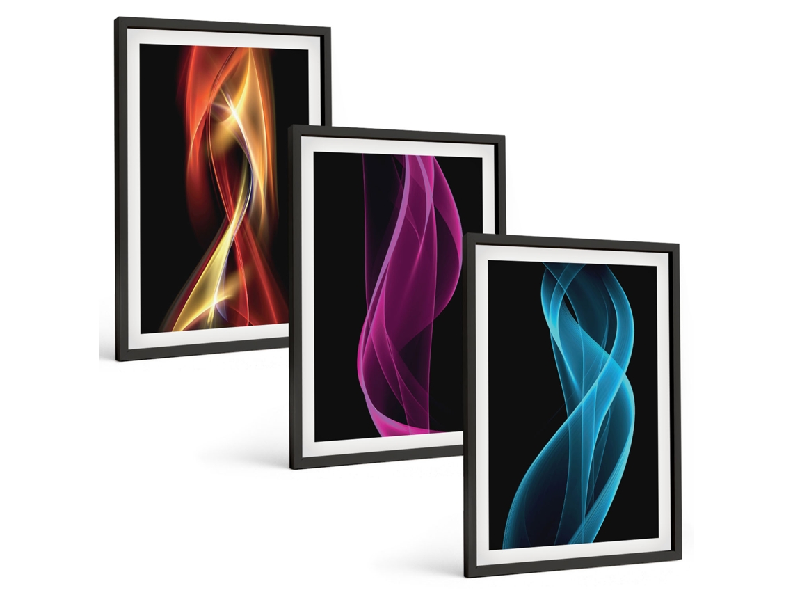 Conjunto De Pinturas Ondas, Linhas Neon, Fundo Escuro Espelharte (3 Peças 40x60 Cm)