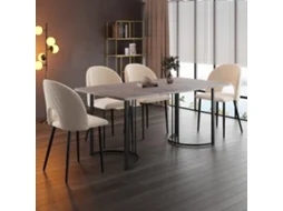 Conjunto Jantar 140x80cm + 4 Cadeiras Veludo Bege, Diamante, Pernas Pretas (cinza).-qq