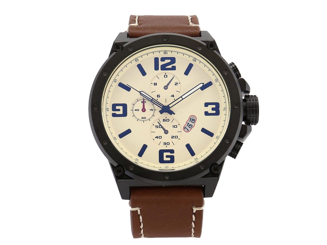 Relógio de pulso masculino em liga metálica com mostrador redondo, analógico, quartzo, estilo fashion, preto e amarelo.