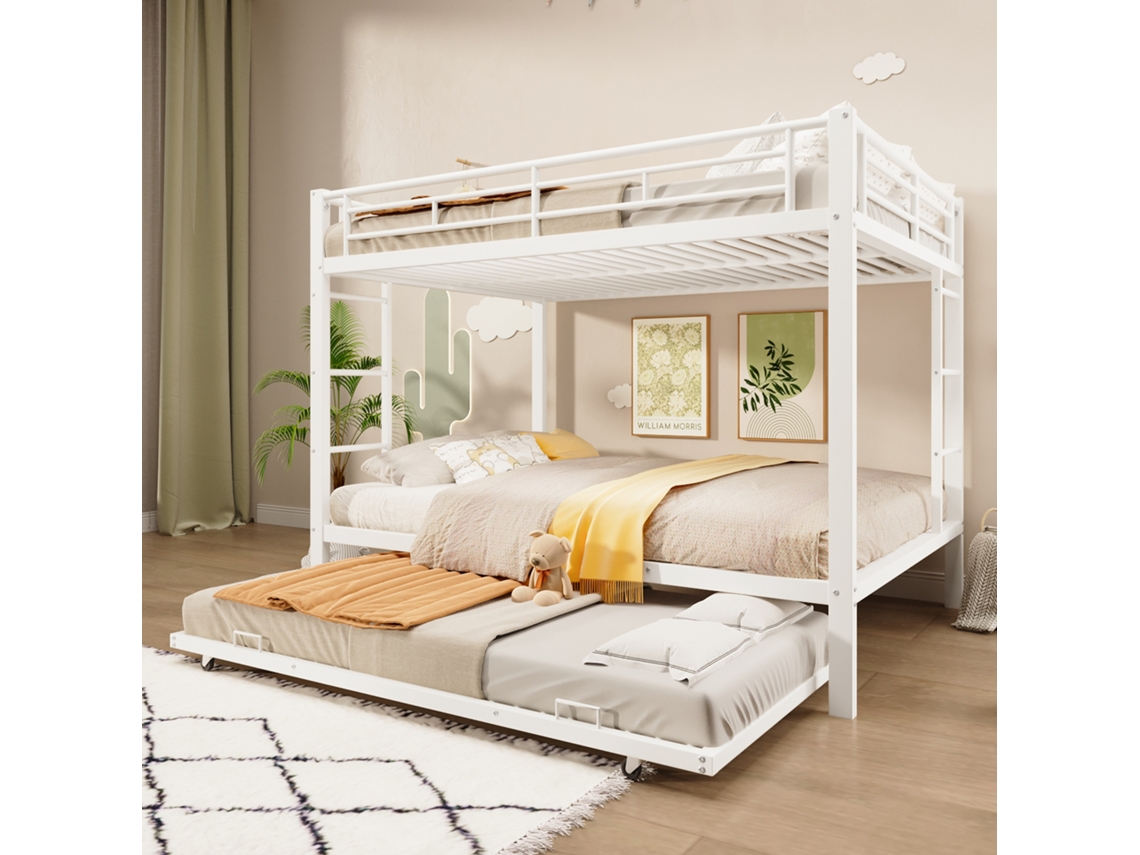 Beliche 140x200 Cm Estrutura Em Ferro, Cama Com Cama Extraível, Grade Alta, Branco Mobrio