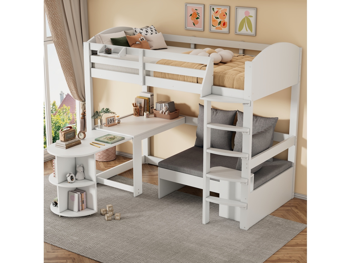 Lit Multifonction Enfant 90x200 cm bureau coulissant canapé rangement étagères coussins blanc VSOGA