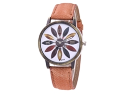 Relógio de pulso unissex Zhoulianfa Coffee com mecanismo de quartzo, pulseira de jeans e estampa de folhas multicoloridas.