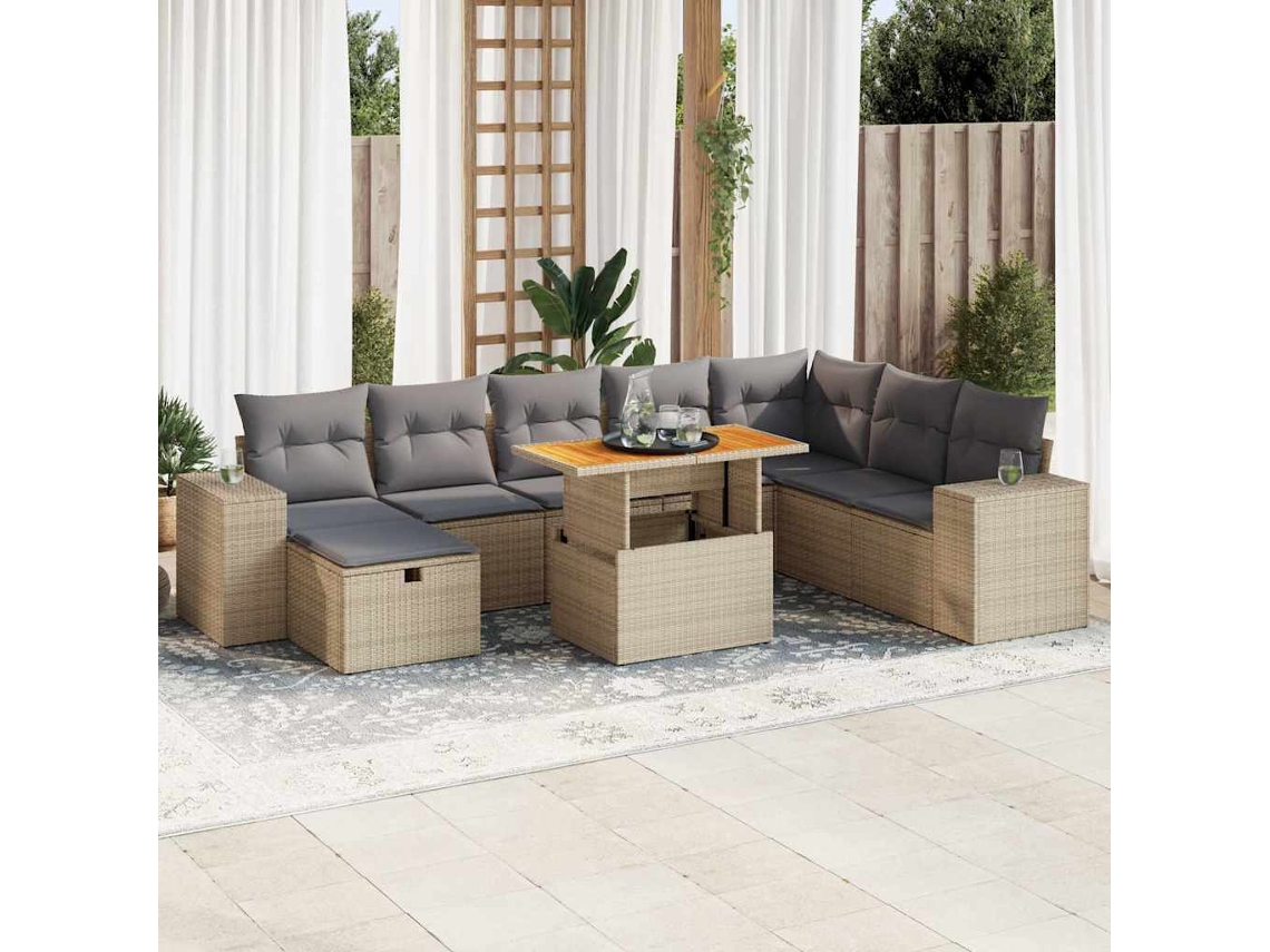 Vidaxl 9 Pcs Conjunto Sofás Jardim Com Almofadões Vime Pe/acácia Bege