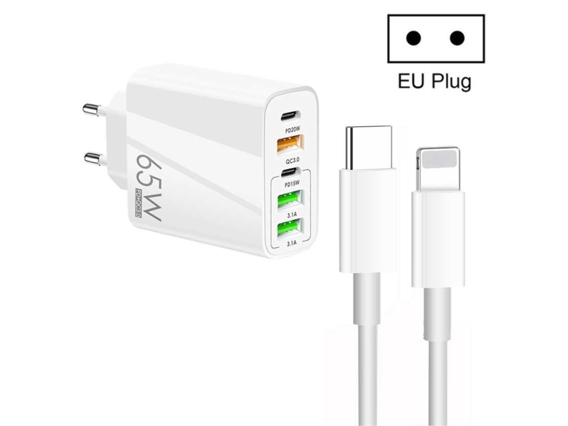 Carregador 65w Dual Pd Tipo C + 3 Usb multiporta com 3a Tipo C para Cabo de Dados de 8 Pinos, plugue UE branco XIAOMOYU