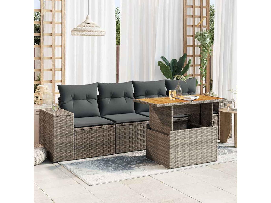 Vidaxl 5 Pcs Conjunto Sofás De Jardim C/ Almofadões Vime Pe Cinzento