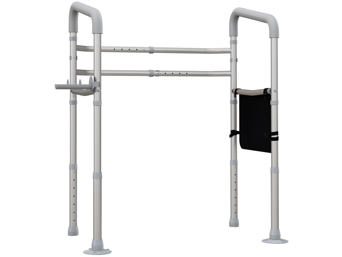 Estrutura para Vaso Sanitário com Apoios de Braço Ajustáveis em Largura e Altura, Suporte com Bolso de Armazenamento, Cinza
