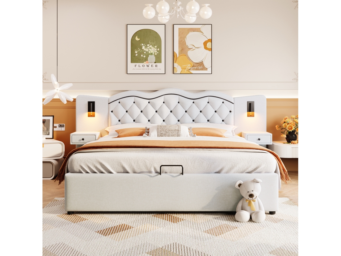 Cama Box Casal 180x200cm Hidráulica, Armazenamento, Luminárias, Usb, Confortável, 220kg, Sem Colchão, Bege KOMHTOM