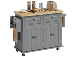 Ilha de cozinha com rodas, 2 gavetas, 4 portas, em cinza e madeira 111x44,5x82,5cm | S/MARCA