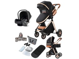 Carrinho de Bebé MAGIC ZC Yv9 Preto e Dourado Dobrável com Suspensão e Cesto de Arrumação