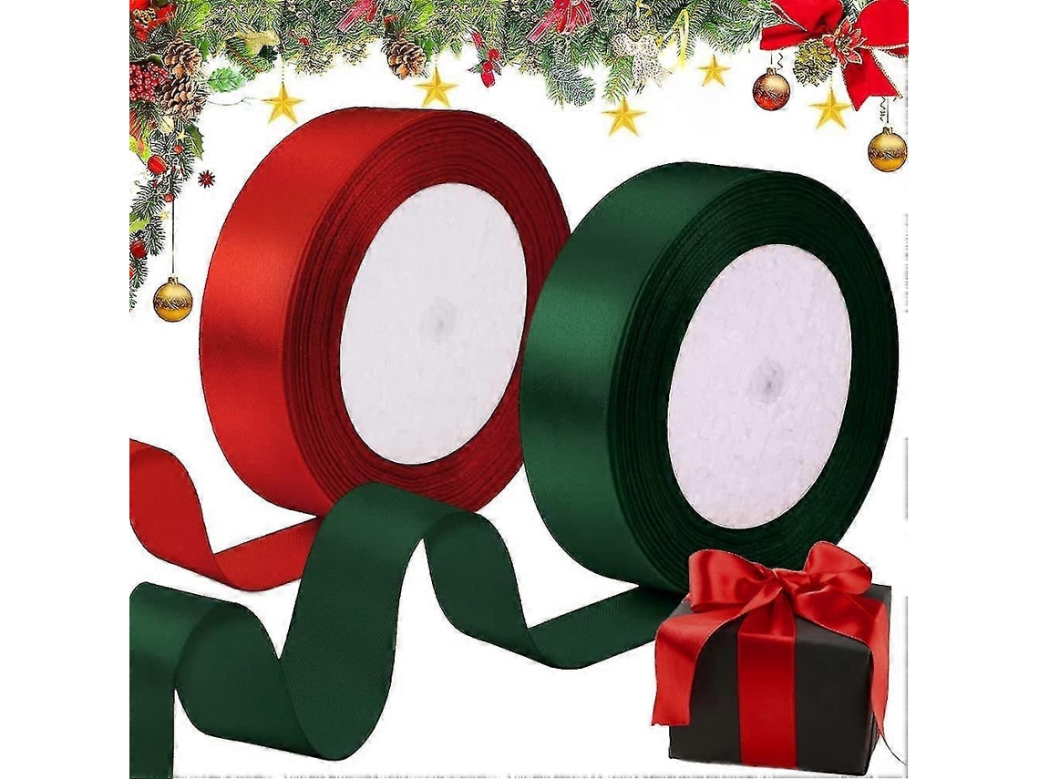 Omni cinta de Seda Roja Y Verde Oscuro para Regalos Navideños, Manualidades Y Decoraciones, 2 Rollos de 2cm de Ancho