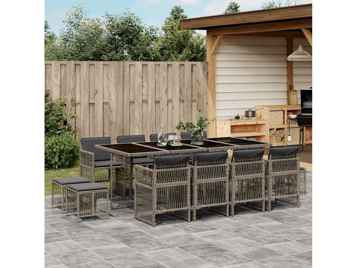 Vidaxl 13 Pcs Conjunto Jantar P/ Jardim C/ Almofadões Vime Pe Cinzento