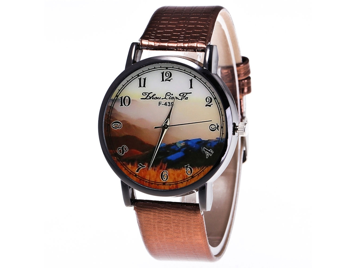 Reloj De Pulsera Unisex De Moda Con Correa De Cuero Pu Dial Redondo Cuarzo Café