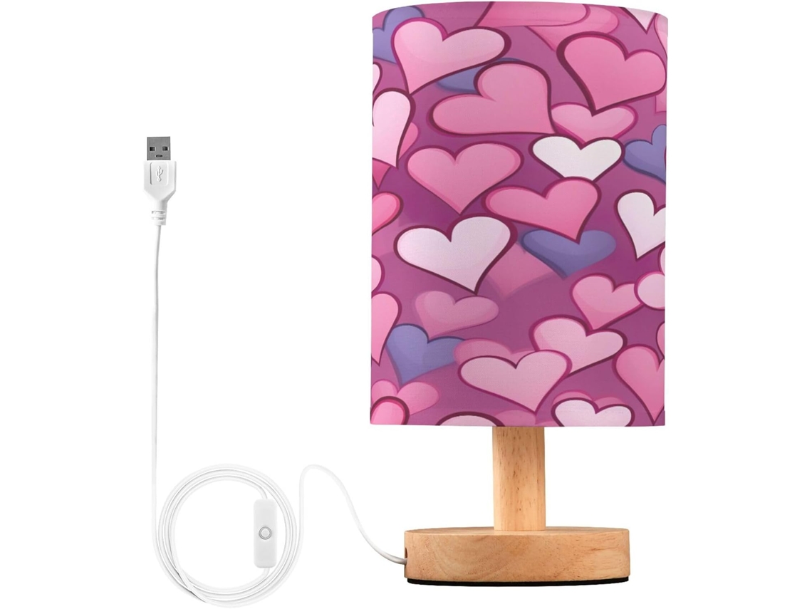 Abajur De Cabeceira Led Em Formato Coração Rosa E Azul, Com Cúpula De Tecido, Base De Madeira E Porta Usb, Ideal Para