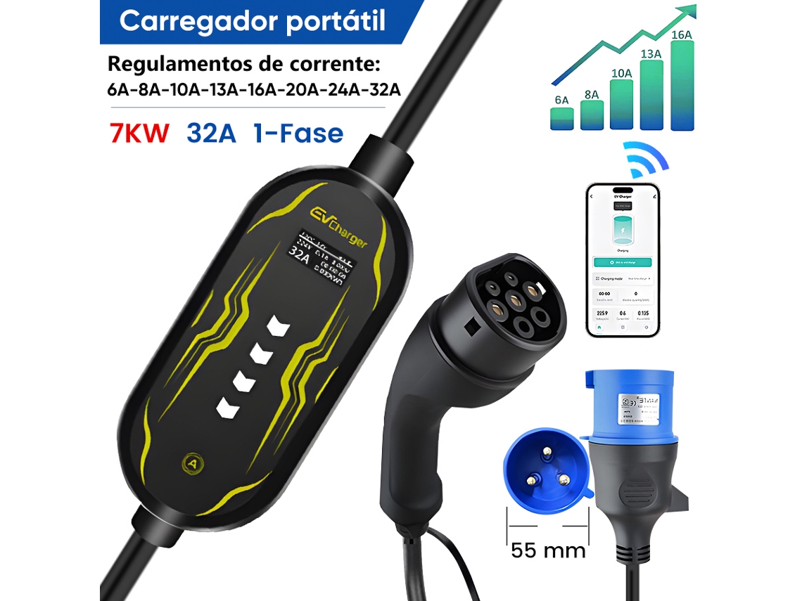Junsun 5m Carregador Móvel Para Carro Elétrico 7kw 32a Compatibilidade Universal E Carregamento 6x Mais Rápido,app