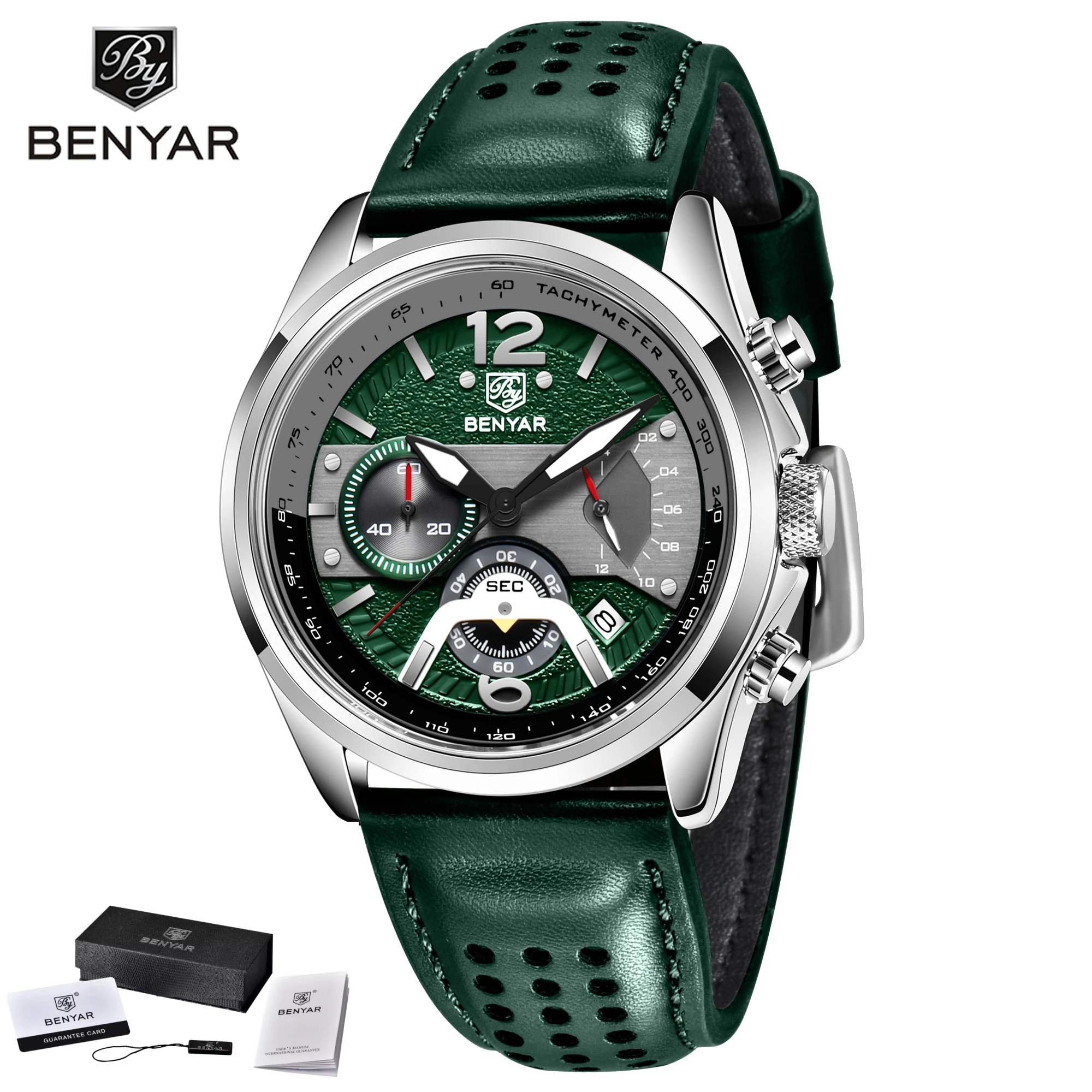 Relógio Masculino De Quartzo (verde E Prata), Pulseira De Couro Genuíno, Cronógrafo Com Data Luminosa.