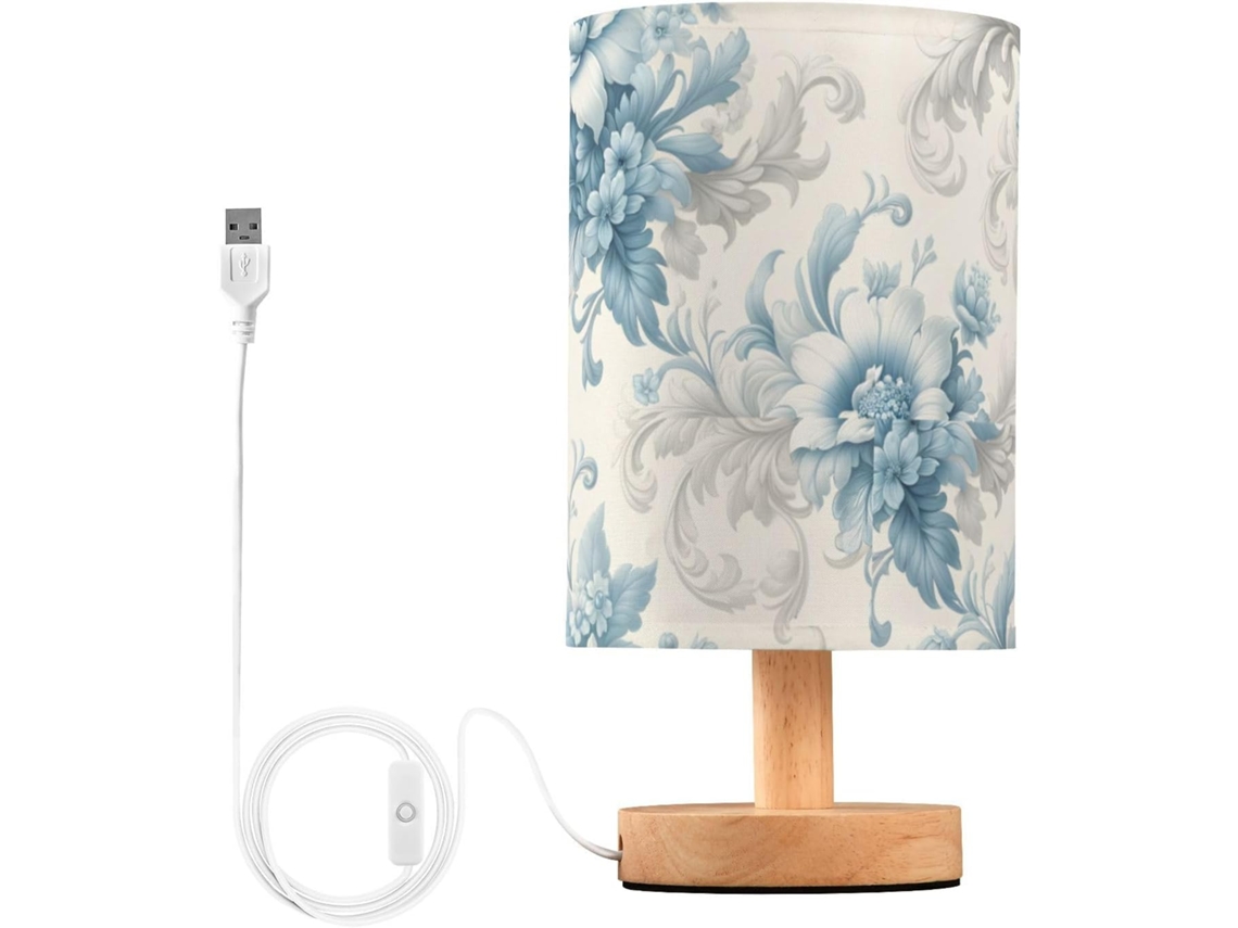 Luminária De Mesa Mnsruu Para Quarto E Sala Estar, Com Elegante Estampa De Flores Azuis, Luminária De Cabeceira Com