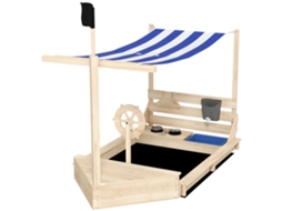 Caixa de Areia Navio Pirata Madeira Maciça (conjunto Recreação, Natural+azul, 180x103x144,5cm)
