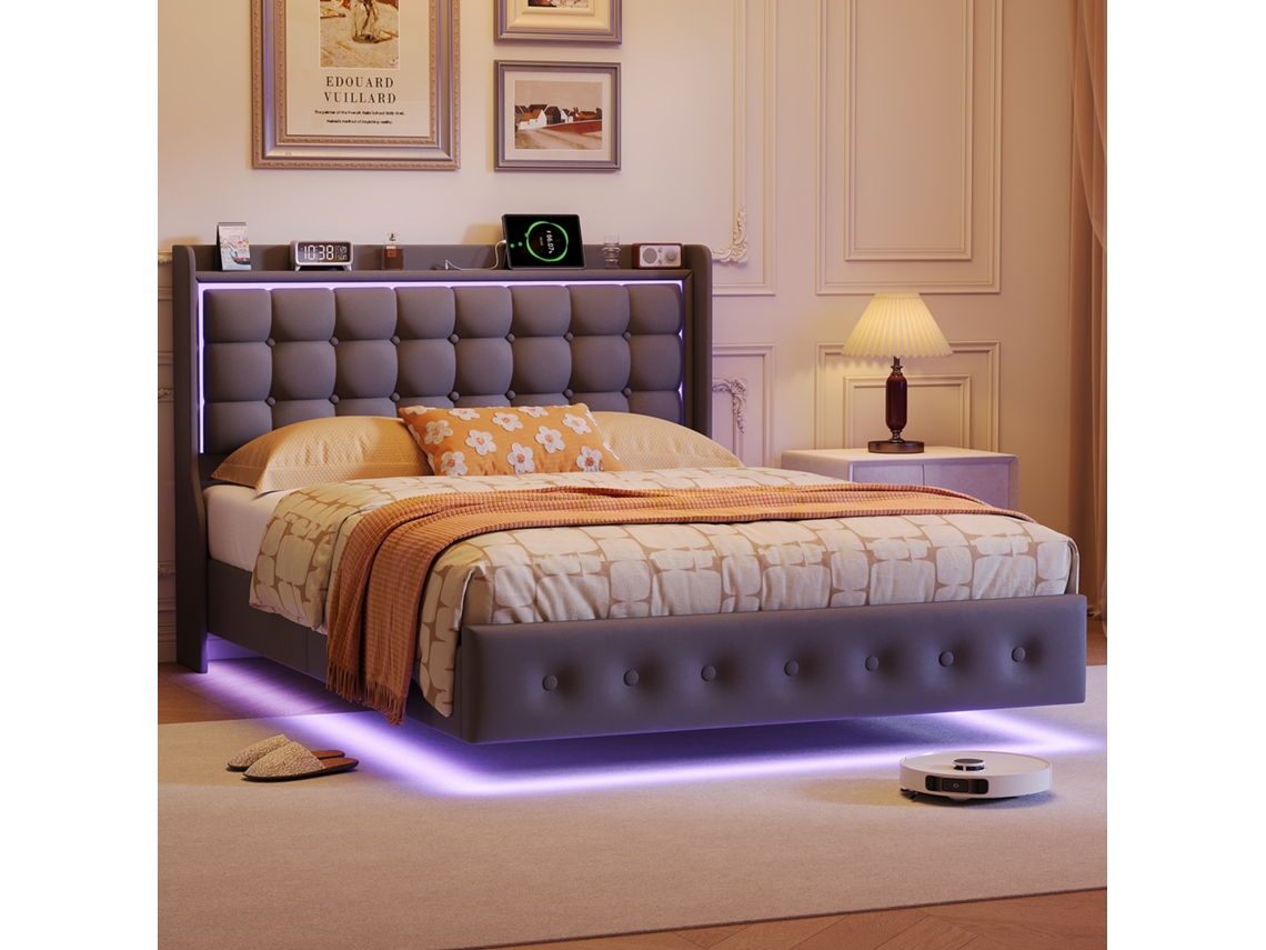 Cama De Casal Moderna Flutuante Led Com Usb Veyrixan 140x200 Cm Cinzenta – Conforto Moderno Até 300 Kg