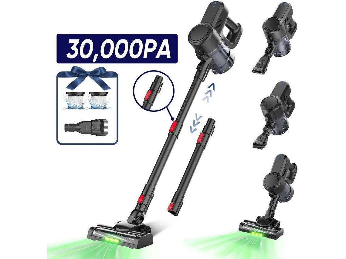 Aspirador Vertical Sem Fio 6 Em 1, 30000PA/40min Autonomia, Filtração Eficaz, LED Verde, depósito 1.5L