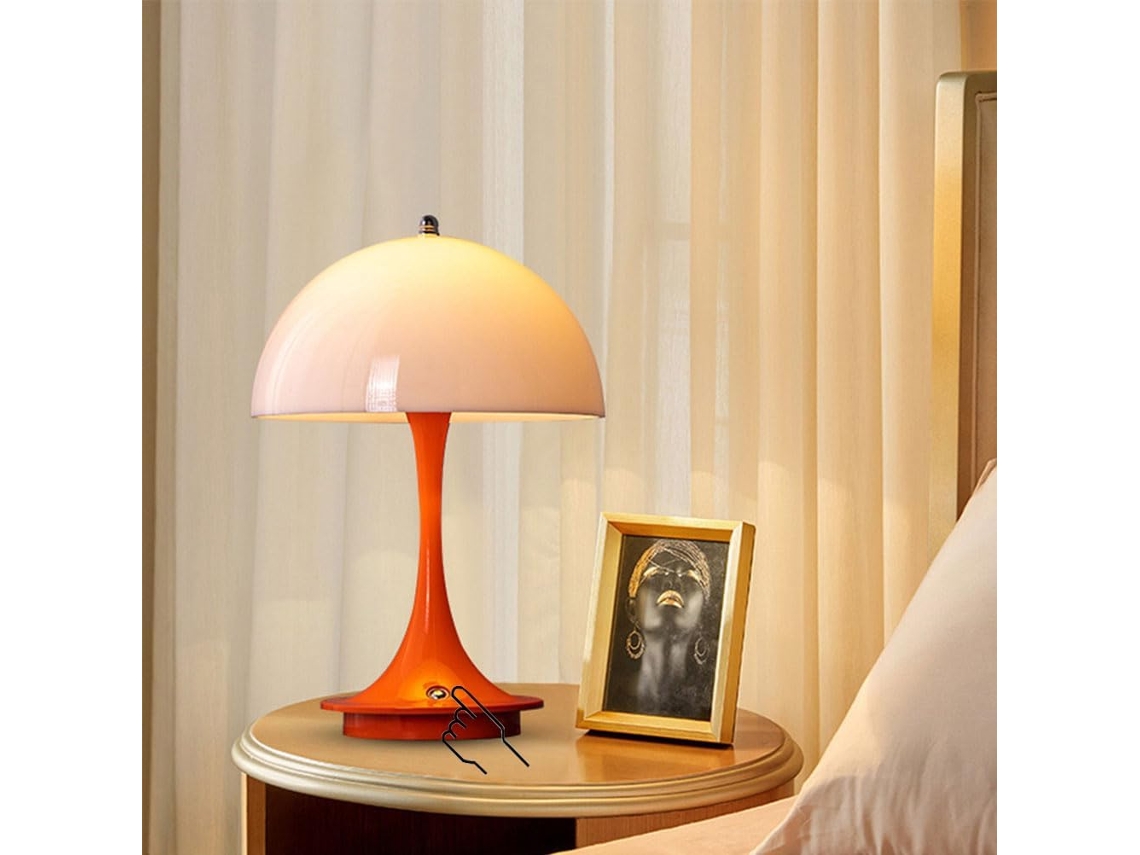 Luminária De Mesa Sem Fio Em Formato Cogumelo Laranja, Com Led Recarregável Por Toque E Intensidade Ajustável, Cúpula De