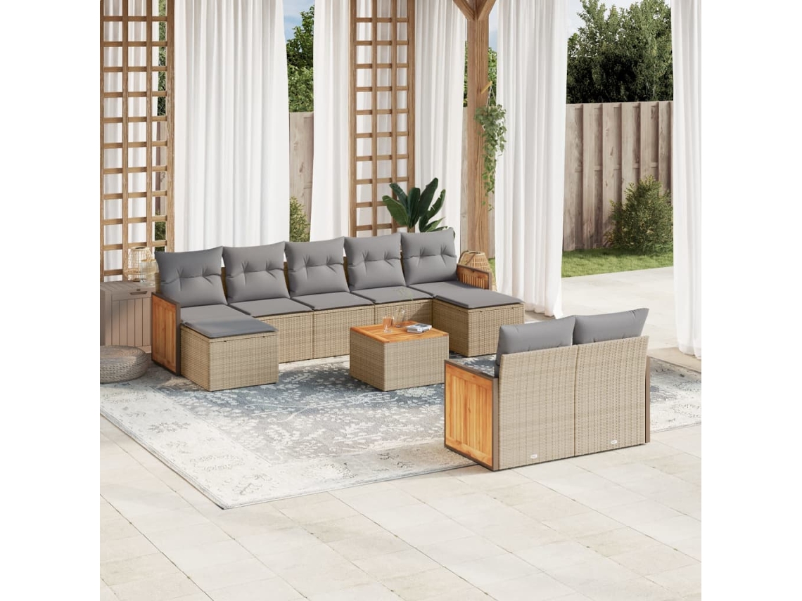 Vidaxl 10 Pcs Conjunto De Sofás P/ Jardim Com Almofadões Vime Pe Bege