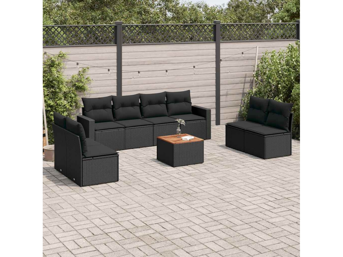 Vidaxl 9 Pcs Conjunto De Sofás P/ Jardim C/ Almofadões Vime Pe Preto
