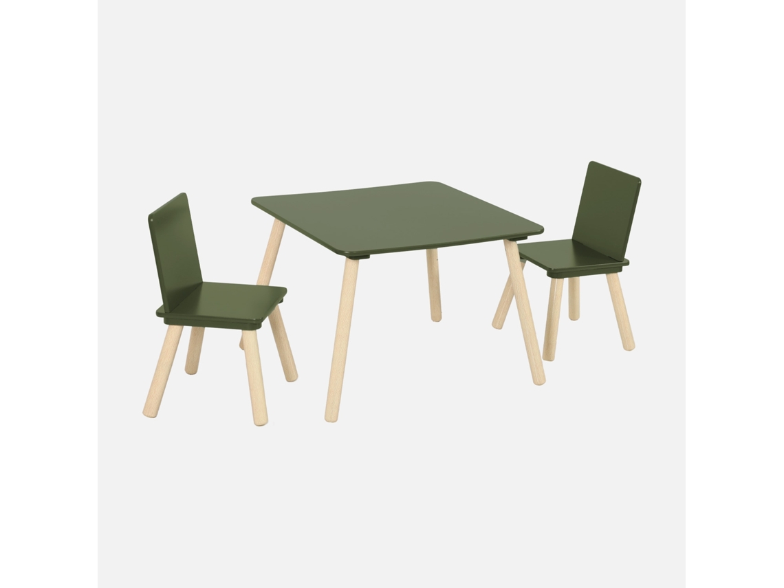 Mesa Infantil Quadrada Em Madeira De Pinho Com 2 Cadeiras, Verde Oliva