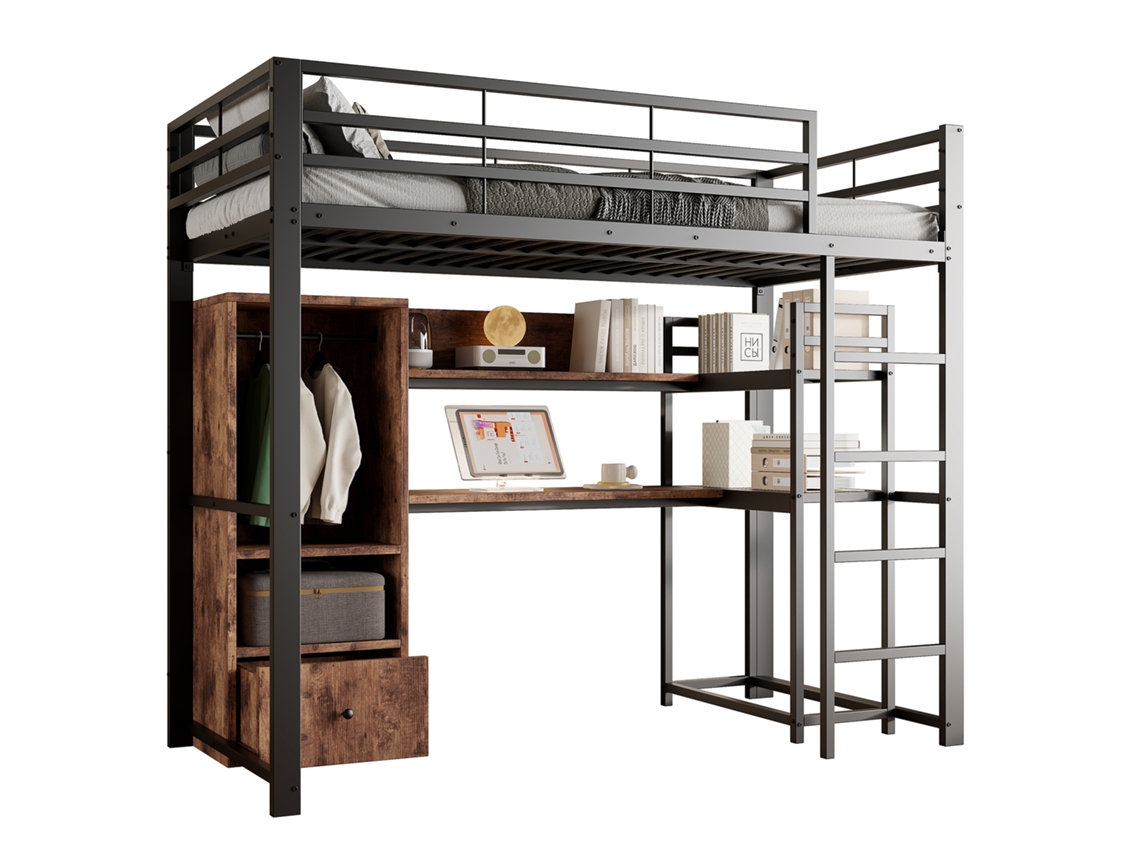 Cama Alta de Metal 140x200 com Luzes Led e Escrivaninha PAPRIKA