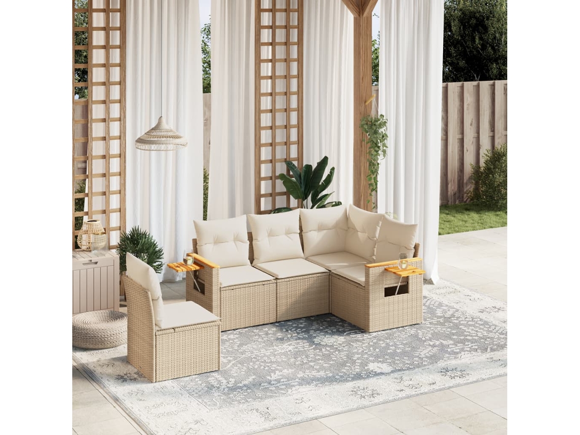 Conjunto de 5 Sofás para Jardim com Almofadas Vime Pe Bege Dkd Home Decor