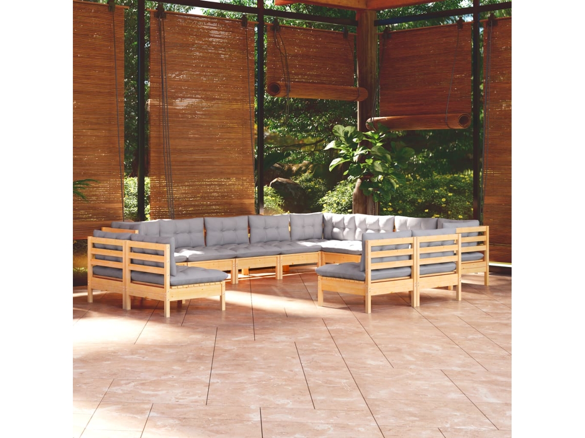 12pcs Conjunto Lounge De Jardim Almofadões Cinza Pinho Maciço Dkd Home Decor