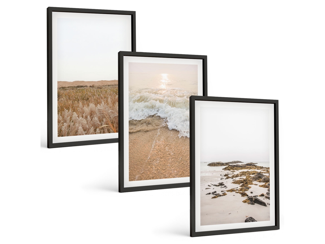Composição De Quadros Ondas Da Praia, Pedras, Verão Moldura Preta Pinturas De Quarto Espelharte (3 Piezas De 40x60 Cm)