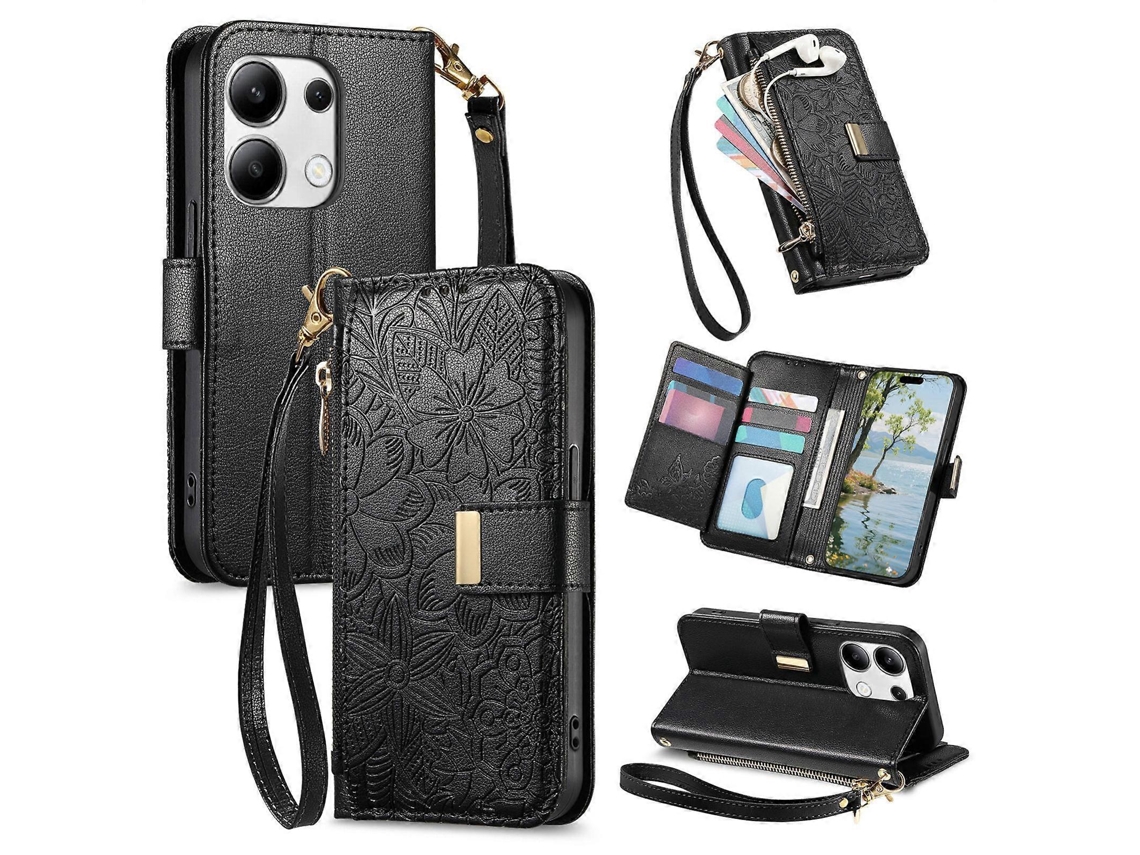 Capa Carteira De Couro Com Zíper, Estampa De Flores E Folhas, Com Alça, Para Redmi Note 13 Pro 5g.