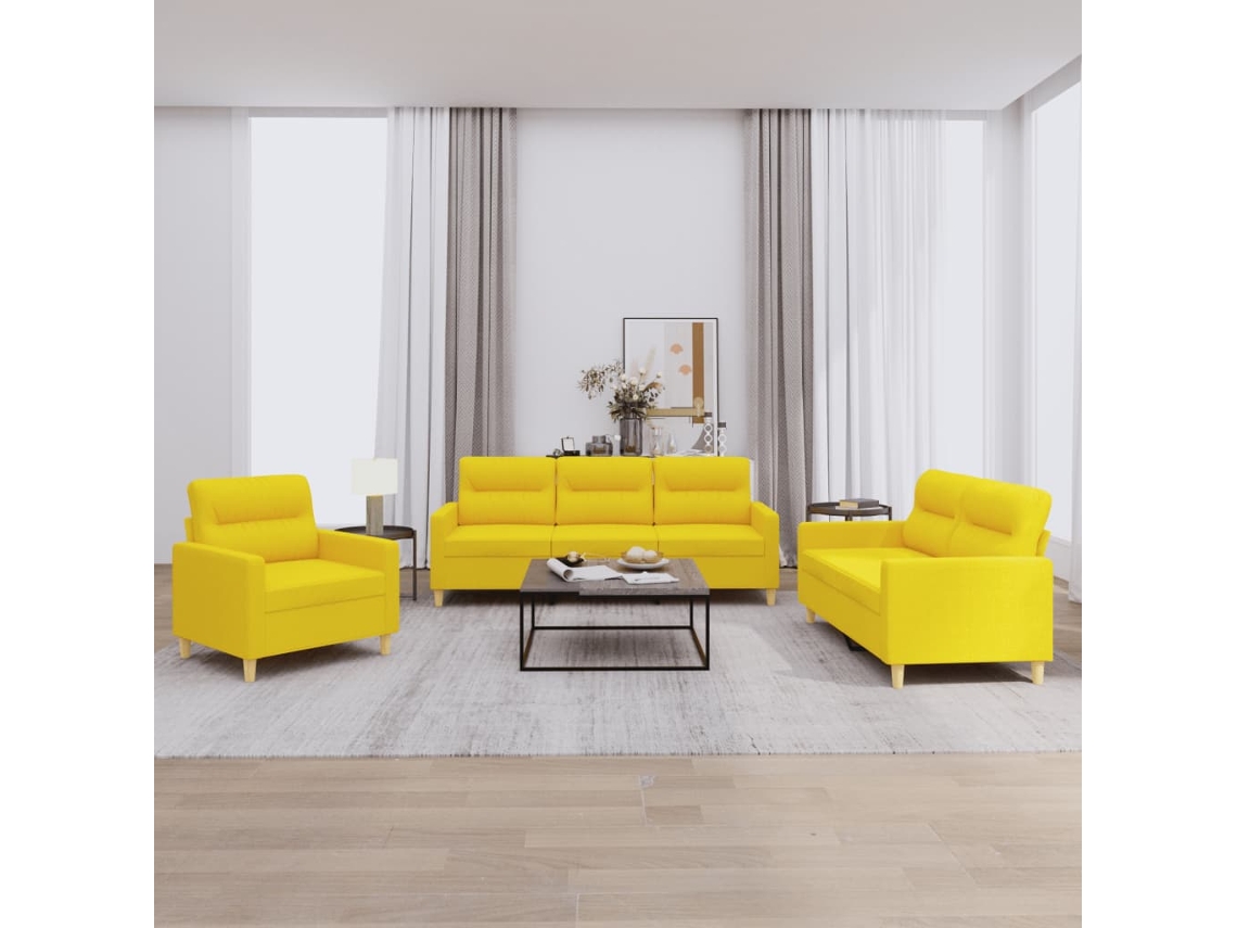 Vidaxl 3 Pcs Conjunto De Sofás Com Almofadões Tecido Amarelo-claro