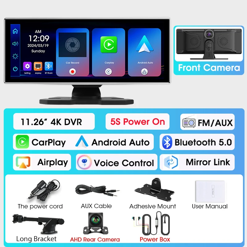 (caixa De Alimentação Cam-power) Dvr Automotivo De 11,26 Polegadas, Lente Dupla 4k, Carplay
